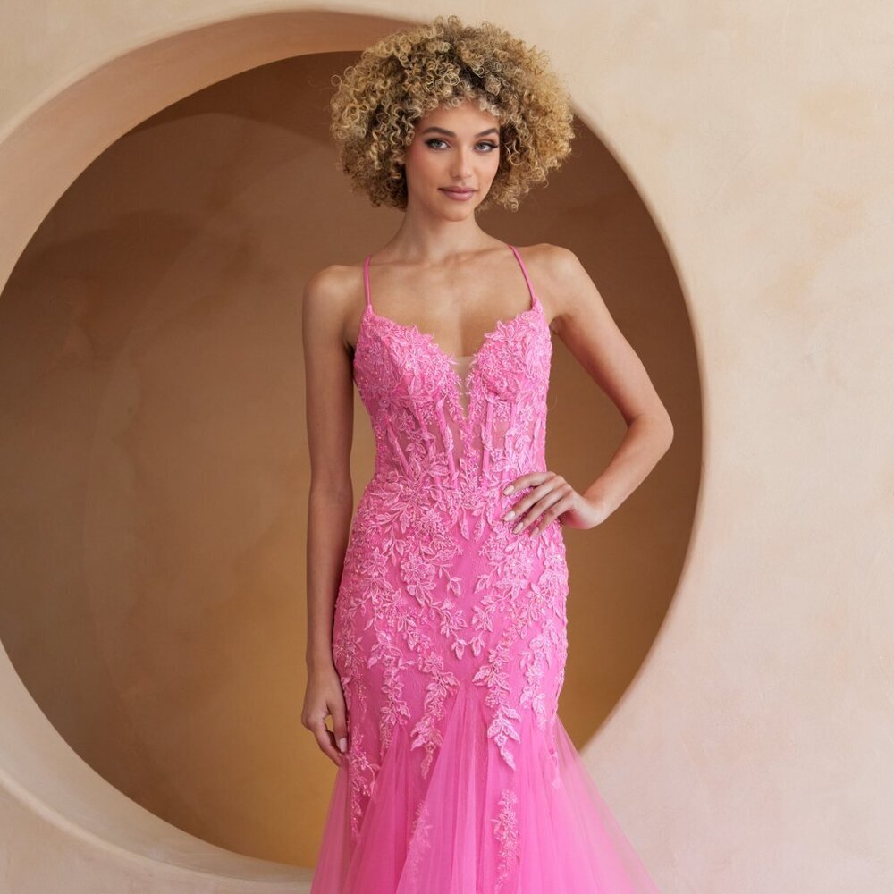 NEW SLEEVELESS FLORAL MAXI GOWN W/ FLORAL EMBROIDERY & LACE UP BACK AC 2120